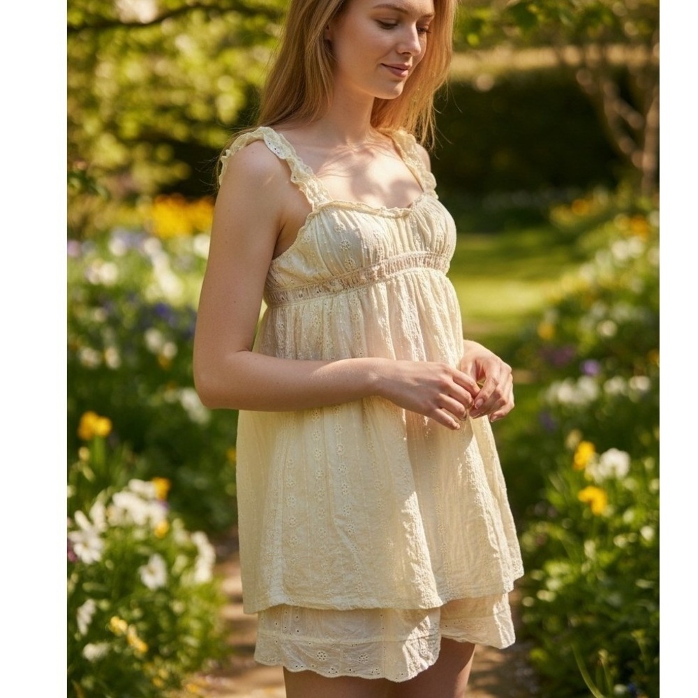 Floral Pointelle Babydoll Sundress Pale Yellow White Mini Summer Dress XS S